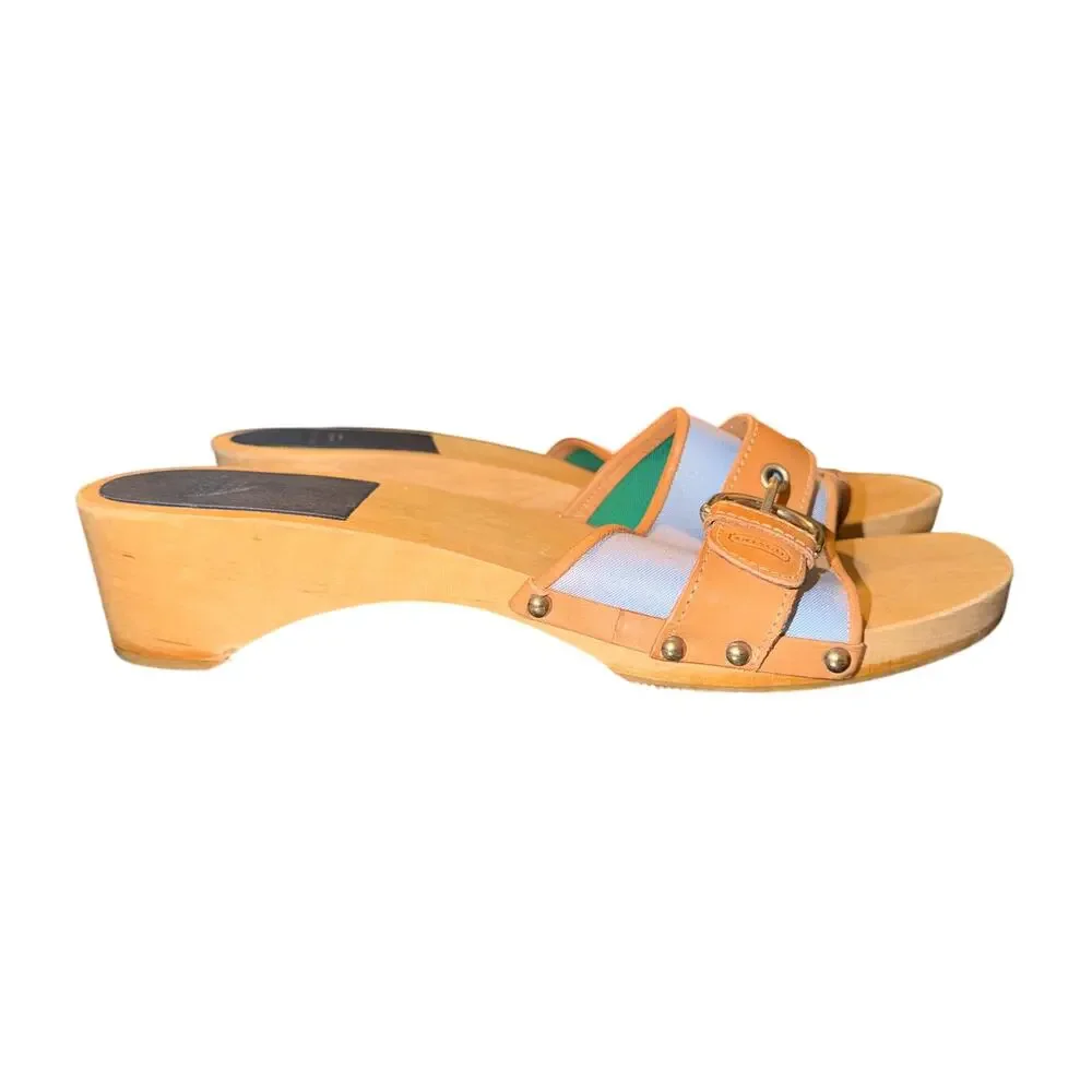 Vtg Y2K Coach Wooden Sandals Women’s Size 10 Blue Twill Tan Leather Clogs Shoes